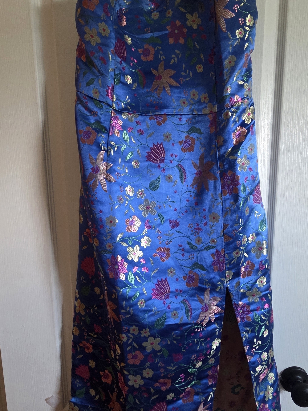 Lulu's Blue Floral Satin Maxi Skirt with Gold and Pink Embroidery